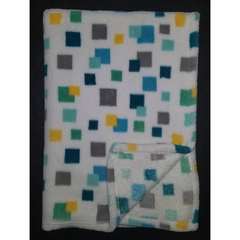 Little Miracles Fleece Baby Blanket Lovey Blue Gray Yellow Green Teal Squares